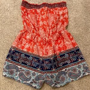 Orange Print Strapless Romper
